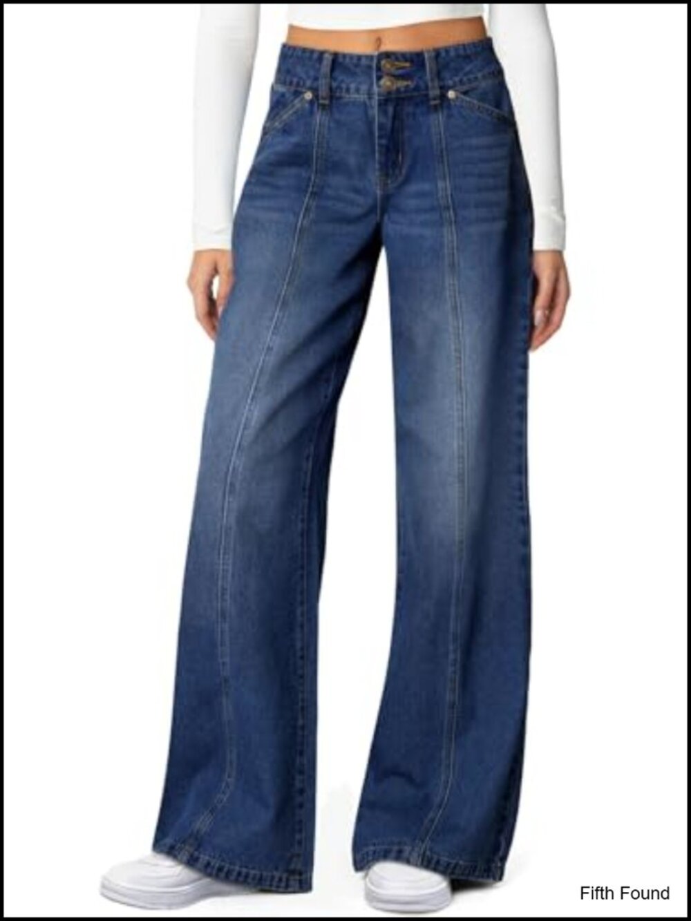Wide Leg High Waisted Stretchy Jeans Dual Button Seamed Straight Leg